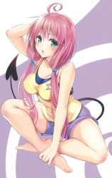 Rule 34 | 1girl, ahoge, arm up, armpits, bare shoulders, blush, breasts, cleavage, collarbone, demon tail, feet, green eyes, hair ornament, lala satalin deviluke, legs, long hair, looking at viewer, open mouth, pink hair, short shorts, shorts, sitting, solo, tail, tank top, thighs, to love-ru, to love-ru darkness, toes, twintails, yabuki kentarou
