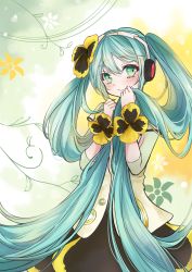 Rule 34 | 1girl, absurdres, blue hair, blush, clothing cutout, flower, green eyes, hair flower, hair ornament, hatsune miku, headphones, highres, holding, holding hair, long hair, long sleeves, nagitofuu, pansy, skirt, smile, solo, twintails, very long hair, vocaloid, weekender girl (vocaloid), wrist flower, yellow flower, yellow pansy