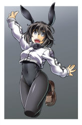 Rule 34 | 1girl, adapted costume, alto-00, animal ears, arm up, black leotard, black pantyhose, bow, bowtie, breasts, brown hair, fake animal ears, grey background, grey eyes, hayasui (kancolle), highres, jacket, jumping, kantai collection, leotard, long sleeves, looking at viewer, medium breasts, open mouth, pantyhose, playboy bunny, rabbit ears, rabbit tail, shoes, short hair, smile, solo, tail, track jacket, wrist cuffs, zipper