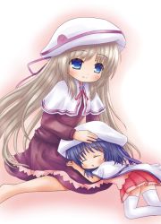Rule 34 | 2girls, blonde hair, blue eyes, brown hair, cape, hand on another&#039;s head, hat, kotonoha (pixiv), kud wafter, little busters!, long hair, mother and daughter, multiple girls, naoe kaya, noumi kudryavka, sleeping, sleeping on person