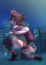 Rule 34 | alley, ass, backpack, bag, beret, black legwear, black skirt, blush, brown hair, building, city, city lights, cityscape, clothes lift, clothes pull, curly hair, embarrassed, exhibitionism, fence, fingernails, frilled shirt, frilled sleeves, frills, from behind, from below, furrowed brow, gluteal fold, hair between eyes, hairy, hat, heavy breathing, highres, kneeling, lifted by self, long hair, long sleeves, looking at viewer, meiz, miniskirt, night, night sky, one side up, original, outdoors, panties, pink shirt, plant, pom pom (clothes), pubic hair, public indecency, purple panties, red eyes, shadow, shirt, sidelocks, skirt, skirt hold, skirt lift, skirt pull, skirt set, sky, socks over thighhighs, star (sky), starry sky, steam, steaming body, striped clothes, striped panties, sweat, sweatdrop, thighhighs, tree, underwear, wall
