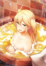 Rule 34 | 1girl, admiral hipper (azur lane), ahoge, alcohol, azur lane, bathing, beer, blonde hair, collarbone, commentary, green eyes, highres, long hair, looking at viewer, mole, mole under eye, open mouth, partially submerged, solo, steam, tobi-mura, towel, two side up