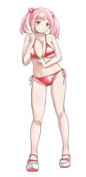 Rule 34 | 1girl, alternate breast size, alternate costume, bikini, breasts, full body, hair bobbles, hair ornament, kantai collection, large breasts, looking at viewer, mimofu (fullhighkick), pink eyes, pink hair, red bikini, sandals, sazanami (kancolle), short hair, side-tie bikini bottom, simple background, solo, swimsuit, twintails, white background