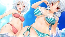 Rule 34 | 2girls, bare arms, bare legs, bare shoulders, bikini, blastbeat, blush, braid, breasts, cleavage, curvy, eyebrows, from below, game cg, large breasts, legs, long hair, looking at viewer, multiple girls, navel, ocean, open mouth, outdoors, partially submerged, red bikini, red eyes, sengo muramasa: ken no gaika, short hair, silver hair, sky, small breasts, smile, standing, striped bikini, striped clothes, swimsuit, thighs, thong, twin braids, water, wide hips