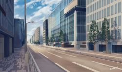 Rule 34 | absurdres, bad id, bad pixiv id, blue sky, building, city, cityscape, cloud, commentary request, day, fence, hakuurei amano, highres, lamppost, no humans, original, outdoors, road, scenery, shadow, sky, street, tree, watermark