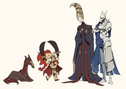 1boy 2girls :d ^_^ animal armor arms_up aunt_and_nephew black_gloves blue_robe blue_tabard braid cape closed_eyes conical_hat crossed_arms dual_wielding elden_ring elden_ring:_shadow_of_the_erdtree fingerless_gloves full_armor gauntlets gloves gold_armor greaves hands_up helmet highres holding holding_sword holding_weapon horse knight leonard_(elden_ring) mother_and_son multiple_girls open_mouth ornate_clothes pointy_hat red_cape red_hair rellana_twin_moon_knight rennala_queen_of_the_full_moon robe siblings simple_background sisters smile starscourge_radahn sword tabard tall_hat tworain_w weapon white_background