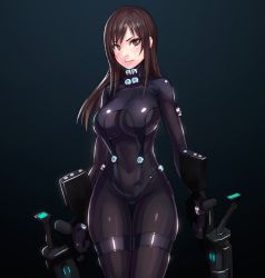 Rule 34 | 1girl, bodysuit, breasts, brown eyes, brown hair, curvy, female focus, gantz, gantz suit, gun, large breasts, latex, latex suit, long hair, looking at viewer, matching hair/eyes, shimohira reika, shiny clothes, simple background, solo, standing, thigh gap, tight clothes, upper body, weapon, yuuji (and)