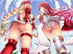 Rule 34 | 2girls, armor, armored boots, armored dress, ass, athena (granblue fantasy), bare back, bare shoulders, blonde hair, blue eyes, blue sky, boots, braid, breasts, cloud, commentary request, day, dress, falling leaves, fisheye, from behind, from below, gauntlets, godsworn alexiel, granblue fantasy, hair ornament, hair rings, helmet, large breasts, leaf, light rays, long hair, looking at viewer, looking back, looking down, melopun, multiple braids, multiple girls, outdoors, panties, pink hair, red footwear, short dress, shoulder blades, sideboob, sky, standing, sunbeam, sunlight, thigh boots, thighhighs, thighlet, underwear, upskirt, very long hair, walking, white dress, white footwear, white panties