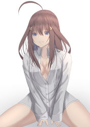Rule 34 | 1girl, 2022, absurdres, ahoge, araishi maro, bad id, bad pixiv id, blue eyes, blush, breasts, cleavage, closed mouth, collarbone, dress shirt, feet out of frame, go-toubun no hanayome, hair between eyes, hair ornament, hands on floor, highres, long hair, looking at viewer, medium breasts, nakano itsuki, naked shirt, on floor, red hair, shirt, solo, spread legs, star (symbol), star hair ornament, unhappy, white background, white shirt