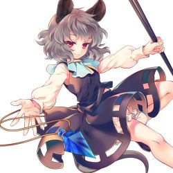 Rule 34 | 1girl, ahoge, animal, animal ear fluff, animal ears, arm up, black skirt, black vest, bloomers, blue capelet, blue ribbon, blush, bobby socks, capelet, closed mouth, commentary request, dot nose, dowsing rod, eyelashes, feet out of frame, gold trim, grey hair, holding, jewelry, knees, legs, lips, long sleeves, looking at viewer, mouse ears, mouse girl, mouse tail, nazrin, pendant, puffy sleeves, red eyes, ribbon, shirt, short hair, simple background, skirt, smile, socks, solo, tail, tomobe kinuko, touhou, underwear, vest, white background, white shirt, white socks, wrist cuffs
