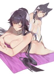 Rule 34 | 2girls, animal ears, ass, atago (azur lane), atago (summer march) (azur lane), azur lane, bikini, bikini top only, black hair, breast press, breasts, butt crack, cleavage, collarbone, foreshortening, hair ribbon, large breasts, long hair, lying, mole, mole under eye, multiple girls, nude, on stomach, one eye closed, parted lips, ponytail, red cucumber, ribbon, simple background, sitting, smile, swimsuit, takao (azur lane), very long hair, white background, white bikini, yellow eyes