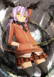 Rule 34 | 1girl, arm behind back, atage, black thighhighs, chain, collar, drill hair, hand in pocket, head wings, light purple hair, original, plaid, plaid skirt, pointy ears, skirt, solo, thighhighs, torn wings, wings, yellow eyes