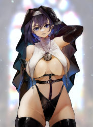 Rule 34 | 1girl, absurdres, blue eyes, blue hair, cleavage cutout, clock, clothing cutout, elbow gloves, gloves, habit, hair intakes, highres, hololive, hololive english, looking at viewer, medium hair, nun, ouro kronii, revealing clothes, short hair, solo, stained glass, thighhighs, thighs, virtual youtuber, vyragami