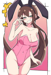 Rule 34 | 1girl, absurdres, aile (mega man zx), bare shoulders, blush, breasts, brown hair, buzzlyears, cleavage, green eyes, highres, large breasts, leotard, long hair, mega man (series), mega man zx, mega man zx advent, pink leotard, playboy bunny, rabbit ears, smug, tagme
