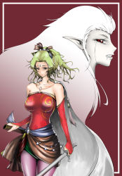 Rule 34 | 1990s (style), bad id, bad pixiv id, cape, detached sleeves, dissidia final fantasy, earrings, final fantasy, final fantasy vi, green hair, jewelry, long hair, mocchisake, necklace, pantyhose, pointy ears, ponytail, retro artstyle, sword, tina branford, trance terra branford, weapon