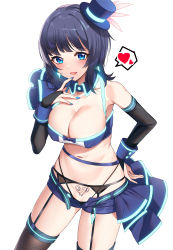 Rule 34 | 1girl, absurdres, asaka karin, belt, black gloves, black panties, blue bow, blue eyes, blue hair, blue hat, blue nails, blue shirt, blue shorts, blunt bangs, blush, bow, breasts, bridal gauntlets, brown thighhighs, cleavage, collarbone, commentary, covered erect nipples, cowboy shot, crop top, detached collar, elbow gloves, finger to own chin, fingernails, garter belt, gloves, hand on own hip, hand up, hat, heart, highleg, highleg panties, highres, large breasts, looking at viewer, love live!, love live! nijigasaki high school idol club, medium hair, midriff, mini hat, mole, mole on collarbone, nail polish, navel, open belt, open clothes, open fly, open mouth, open shorts, panties, pubic tattoo, pussy, pussy peek, raised eyebrows, rumo, shirt, short shorts, shorts, sidelocks, simple background, single bare shoulder, single sleeve, smile, solo, speech bubble, spoken heart, standing, stomach, string panties, sweat, symbol-only commentary, tattoo, thighhighs, tilted headwear, top hat, underwear, white background, wrist cuffs
