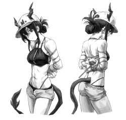 Rule 34 | 1girl, a tea, arknights, arms behind back, baseball cap, bdsm, bikini, bikini top only, bondage, bound, ch&#039;en (arknights), ch'en (arknights), commission, dragon horns, dragon tail, female tourist c (arknights), hat, highres, horns, monochrome, multiple views, navel, official alternate costume, restrained, rope, shibari, short shorts, shorts, skindentation, solo, swimsuit, tail