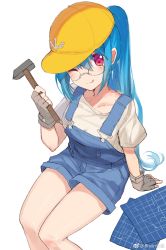 Rule 34 | 1girl, ;q, absurdres, baseball cap, bison cangshu, blue hair, blue shorts, blueprint (object), character request, closed mouth, collarbone, commentary request, fingerless gloves, glasses, gloves, hammer, hat, highres, holding, holding hammer, long hair, looking at viewer, looking over eyewear, one eye closed, overall shorts, overalls, ponytail, red eyes, shirt, short shorts, shorts, sidelocks, sitting, smile, solo, thighs, tongue, tongue out, very long hair, warship girls r, weibo watermark, white background, white shirt, yellow hat