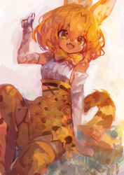 1girl absurdres animal_ears bow bowtie breasts commentary elbow_gloves fang gloves grass hair_between_eyes high-waist_skirt highres kaamin_(mariarose753) kemono_friends medium_hair open_mouth orange_hair serval_(kemono_friends) serval_print shirt sitting skirt sleeveless sleeveless_shirt solo tail thighhighs white_gloves white_shirt yellow_bow yellow_bowtie yellow_eyes