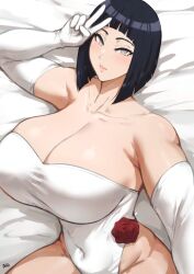 Rule 34 | 1girl, artist name, bare shoulders, batako (batakoart), blunt bangs, blunt ends, boruto: naruto next generations, breasts, cleavage, closed mouth, elbow gloves, flower, gloves, highres, huge breasts, hyuuga hinata, leotard, looking at viewer, mature female, naruto (series), pupiless eyes, purple eyes, red flower, red rose, rose, selfie, short hair, solo, white gloves, white leotard
