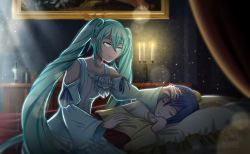 Rule 34 | 1boy, 2girls, aqua dress, aqua eyes, aqua hair, artist logo, bare shoulders, bed, bedroom, blonde hair, bottle, candle, candlelight, candlestand, canopy bed, carrying, cheating (relationship), collarbone, curtains, dim lighting, dress, dress flower, embers, evillious nendaiki, closed eyes, fire, frilled pillow, frills, half-closed eyes, hand on another&#039;s head, hand on forehead, hatsune miku, highres, husband and wife, implied death, indoors, kaito (vocaloid), kaspar blankenheim, lens flare, light, light particles, light rays, long hair, looking at another, margarita blankenheim, mario gagabriel, multiple girls, nemurase hime kara no okurimono (vocaloid), on bed, painting (object), pale skin, pillow, project sekai, shelf, shoulder carry, sleeping, twintails, very long hair, vocaloid, when you see it, wine bottle