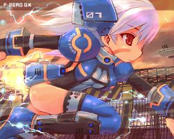Rule 34 | 1girl, armor, ass, blue falcon, electricity, f-zero, floating, hair ornament, lowres, mecha musume, nintendo, oekaki, personification, porttown longpipe, racing, red eyes, shigatake, solo, sparks, thighhighs, typo, white hair, zettai ryouiki