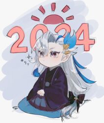 Rule 34 | 1boy, 2024, alternate costume, black bow, black robe, black shirt, blue hair, blue pants, border, bow, closed mouth, commentary request, feather hair ornament, feathers, genshin impact, gold trim, grey background, grey hair, hair between eyes, hair bow, hair ornament, highres, japanese clothes, long hair, long sleeves, looking to the side, low-tied long hair, male focus, multicolored hair, neuvillette (genshin impact), nuko 0108, open clothes, open robe, outside border, pants, pillow, pointy ears, pom pom (clothes), purple eyes, robe, seiza, shirt, simple background, sitting, solo, sparkle, two-tone hair, v-shaped eyebrows, white border, wide sleeves