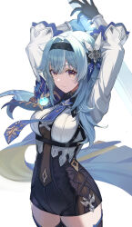 Rule 34 | 1girl, absurdres, arms up, asymmetrical hair, black gloves, black hairband, black thighhighs, blue hair, closed mouth, eula (genshin impact), genshin impact, gloves, hairband, highres, holding, holding sword, holding weapon, looking at viewer, mimihachi, necktie, shirt, short shorts, shorts, simple background, solo, sword, thighhighs, thighs, vision (genshin impact), weapon, white background, white shirt