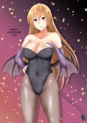 Rule 34 | 10s, 1girl, 2015, :p, bad id, bad pixiv id, bare shoulders, blonde hair, breasts, bridal gauntlets, cleavage, collarbone, covered navel, demon tail, demon wings, female focus, green kaminari, hair between eyes, halloween, hand on own hip, hand on own chest, happy halloween, highres, large breasts, legs, leotard, licking lips, long hair, looking at viewer, low wings, nakiri erina, neck, orange hair, pantyhose, playboy bunny, purple eyes, shokugeki no souma, skin tight, solo, standing, star (symbol), strapless, tail, tongue, tongue out, wings