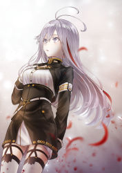 Rule 34 | 1girl, 86 -eightysix-, absurdres, antenna hair, belt, black jacket, breasts, collared jacket, commentary request, cropped jacket, garter belt, garter straps, gloves, grey background, grey eyes, grey hair, hair between eyes, high-waist skirt, high collar, highres, jacket, long hair, long sleeves, looking at viewer, military, military uniform, multicolored hair, nonon 813, novel illustration, official art, parted lips, pocket, red hair, shirt, simple background, skirt, solo, standing, streaked hair, thighhighs, uniform, vladilena millize, white gloves, white shirt, white thighhighs, zettai ryouiki