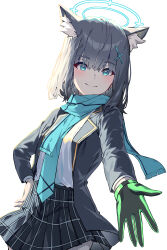 Rule 34 | 1girl, absurdres, animal ear fluff, black jacket, black skirt, blue archive, blue eyes, blush, breasts, closed mouth, cross hair ornament, extra ears, fuyoko, gloves, green gloves, grey hair, hair ornament, halo, hand on own hip, highres, jacket, looking at viewer, medium hair, open clothes, open jacket, outstretched arm, reaching, reaching towards viewer, scarf, shiroko (blue archive), shirt, shirt tucked in, single glove, skirt, small breasts, smile, solo, upper body, white shirt