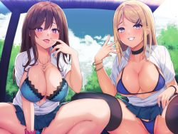 Rule 34 | 2girls, :d, bikini, black choker, black legwear, blonde hair, blue bikini, blue sky, blush, bra, bracelet, breasts, brown hair, choker, cleavage, cloud, cloudy sky, collarbone, collared shirt, day, dress shirt, fang, finger to mouth, fingernails, green bra, green panties, green skirt, grin, gyaru, hair between eyes, hair ornament, hairclip, hand up, heart, heart-shaped pupils, heart necklace, highres, jewelry, lace, lace-trimmed bra, lace-trimmed panties, lace trim, large breasts, legs apart, long fingernails, long hair, looking at viewer, multiple girls, nail polish, naughty face, navel, necklace, non-web source, open mouth, original, outdoors, panties, partially unbuttoned, pink scrunchie, purple nails, school uniform, scrunchie, shirt, short sleeves, sidelocks, skirt, sky, smile, squatting, stomach, strap gap, string bikini, sweat, swimsuit, symbol-shaped pupils, teeth, thighhighs, tongue, tongue out, tree, umihal, underwear, white shirt, wing collar, wrist scrunchie, wristband