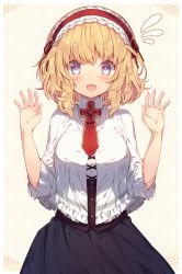 Rule 34 | 1girl, alice margatroid, alternate costume, black skirt, blonde hair, blue eyes, blush, breasts, capelet, collar, corset, flying sweatdrops, frilled hairband, frilled shirt, frills, hairband, hands up, highres, large breasts, long sleeves, looking at viewer, necktie, open mouth, red necktie, shirt, short hair, skirt, smile, solo, standing, touhou, usamata, white collar, white shirt