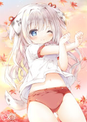 Rule 34 | 1girl, animal ears, autumn leaves, blue eyes, buruma, clenched hands, cloud, dog ears, dog girl, dog tail, gluteal fold, grey hair, gym uniform, highres, leaf, long hair, moco ofuton, navel, one eye closed, original, outdoors, outstretched arms, red buruma, ribbon, shirt, short sleeves, sky, smile, solo, stretching, tail, thighs, two side up, white shirt