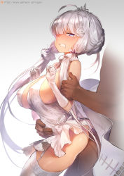 Rule 34 | 1boy, 1girl, ahoge, arm grab, artist name, ass, azur lane, blue eyes, braid, breasts, clenched teeth, contrapposto, covered erect nipples, covering nipples, covering privates, cowboy shot, dark-skinned male, dark skin, dress, drooling, flower, gao (gaolukchup), garter straps, gloves, grabbing, grabbing from behind, gradient background, hair bun, hair flower, hair ornament, hair over one eye, hand on another&#039;s stomach, illustrious (azur lane), implied sex, large breasts, leaning forward, long hair, mole, mole under eye, no panties, patreon logo, patreon username, pussy juice, short dress, short hair with long locks, sideboob, sidelocks, silver hair, simple background, single hair bun, solo focus, standing, sweat, tears, teeth, thighhighs, tiara, very long hair, watermark, white dress, white gloves, white thighhighs