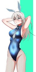 Rule 34 | 1girl, absurdres, animal ears, armpits, arms behind back, bad id, bad pixiv id, between breasts, blue eyes, blue leotard, blue necktie, blush, breasts, covered navel, eila ilmatar juutilainen, fake animal ears, fishnet pantyhose, fishnets, groin, highres, large breasts, leotard, long hair, necktie, necktie between breasts, open mouth, pantyhose, playboy bunny, rabbit ears, rafale1008, simple background, solo, standing, strike witches, two-tone background, white hair, world witches series
