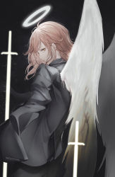 Rule 34 | 1girl, angel devil (chainsaw man), black jacket, black pants, brown eyes, brown hair, chainsaw man, closed mouth, commentary request, feathered wings, from behind, glowing, halo, highres, jacket, long sleeves, looking at viewer, looking back, marumoru, pants, sleeves past fingers, sleeves past wrists, solo, white wings, wings