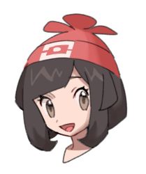 Rule 34 | 1girl, beanie, black hair, brown eyes, creatures (company), face, female focus, game freak, happy, hat, jpeg artifacts, looking to the side, nintendo, open mouth, poke ball theme, pokemon, pokemon oras, red hat, selene (pokemon), short hair, simple background, smile, solo, white background, zuizi