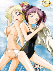 Rule 34 | 2girls, :d, arched back, ass, back-to-back, bare shoulders, bikini, blonde hair, breasts, comic, competition swimsuit, creature, fii-tan, fii-tan the figure, looking at viewer, medium breasts, multiple girls, one-piece swimsuit, open mouth, purple eyes, purple hair, red eyes, ripe-tan, short hair, side-tie bikini bottom, sideboob, small breasts, smile, standing, swimsuit, twintails, white bikini