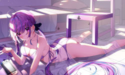 Rule 34 | 1girl, :/, absurdres, ahoge, anchor print, anchor symbol, arm support, ass, bed, bikini, black ribbon, blunt bangs, blush, bra, braid, breasts, chair, cleavage, collarbone, cqingwei, cup, foot out of frame, french braid, hair ribbon, head tilt, heart, heart print, highres, hololive, indoors, long hair, looking at viewer, lying, medium breasts, minato aqua, multicolored hair, nintendo switch, on stomach, panties, pillow, purple bra, purple eyes, purple hair, purple panties, ribbon, see-through, shawl, side-tie bikini bottom, solo, streaked hair, swimsuit, twintails, underwear, v, very long hair, virtual youtuber