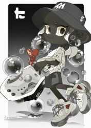 Rule 34 | 1boy, a a2001214, absurdres, artist name, black background, black hat, bloblobber (splatoon), border, bubble, closed mouth, commentary request, dark-skinned male, dark skin, eyebrow cut, full body, gradient background, grey background, grey shorts, hat, highres, holding, holding weapon, looking at viewer, low ponytail, medium hair, nintendo, octoling, octoling boy, octoling player character, shirt, shoes, short ponytail, shorts, smile, solo, splatoon (series), splatoon 2, standing, standing on one leg, tentacle hair, twitter username, two-tone background, very dark skin, weapon, white border, white eyes, white footwear, white shirt