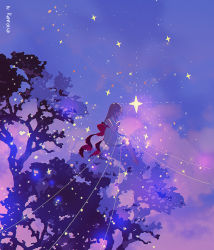 Rule 34 | 1girl, barefoot, bow, closed eyes, dress, in tree, light brown hair, original, red bow, red ribbon, reinforced, ribbon, scenery, sitting, sitting in tree, solo, star (symbol), tree, white dress