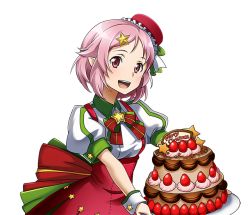 Rule 34 | 1girl, :d, cake, food, hair ornament, hat, high-waist skirt, holding, lisbeth (sao-alo), mini hat, open mouth, pink hair, pointy ears, red eyes, red hat, red skirt, short hair, skirt, smile, solo, standing, star (symbol), star hair ornament, sword art online, transparent background, upper body, wrist cuffs