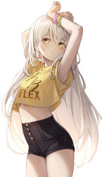 Rule 34 | 1girl, absurdres, armpits, arms up, bare arms, black shorts, bracelet, closed mouth, clothes writing, cowboy shot, crop top, crop top overhang, dampi, earrings, high-waist shorts, highres, jewelry, long hair, looking at viewer, midriff, original, revision, scrunchie, shirt, short shorts, short sleeves, shorts, silver hair, simple background, solo, standing, thighs, very long hair, white background, wrist scrunchie, yellow eyes, yellow shirt