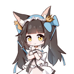 Rule 34 | 1girl, animal ear fluff, animal ears, azur lane, bare arms, bare shoulders, black hair, blue bow, blue hairband, blue ribbon, blunt bangs, blush stickers, bow, chibi, closed mouth, crossed arms, crown, dress, dress bow, evening gown, fox ears, frilled dress, frilled hairband, frills, hair bow, hair ribbon, hairband, hand on own arm, hand on own shoulder, hand up, highres, jewelry, long hair, looking at viewer, mini crown, nagato (azur lane), nagato (guardian fox&#039;s procession) (azur lane), necklace, nicolas (pixiv23311939), ribbon, see-through, see-through dress, see-through silhouette, simple background, sleeveless, sleeveless dress, smile, solo, strapless, strapless dress, tilted headwear, twintails, white background, white bow, white dress, wrist cuffs, yellow eyes