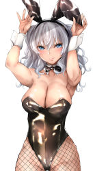 Rule 34 | 1girl, alternate costume, animal ears, areola slip, arms up, black leotard, blue eyes, blush, breasts, cleavage, closed mouth, detached collar, fake animal ears, fishnet pantyhose, fishnets, hair between eyes, highres, kantai collection, kashima (kancolle), large breasts, leotard, looking at viewer, pantyhose, playboy bunny, rabbit ears, silver hair, simple background, smile, solo, tororo ten, twintails, wavy hair, white background, wrist cuffs