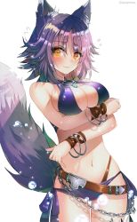 Rule 34 | 1girl, animal ear fluff, animal ears, bangle, bare arms, bare shoulders, belt, bikini, blue bikini, blue hair, bracelet, breast hold, breasts, chain, cleavage, cowboy shot, frown, halterneck, hanato (seonoaiko), highres, jewelry, large breasts, looking at viewer, makoto (princess connect!), makoto (summer) (princess connect!), navel, orange eyes, princess connect!, short hair, side-tie bikini bottom, solo, sparkle, standing, sweat, swimsuit, tail, twitter username, white background, wolf ears, wolf girl, wolf tail