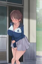Rule 34 | 1girl, absurdres, blush, breasts, brown hair, cleavage, closed eyes, door, embarrassed, female focus, full-face blush, high ponytail, highres, huge breasts, jacket, knees together feet apart, large breasts, legs, open mouth, original, outdoors, skirt, smile, solo, standing, thighs, yomoda yomo
