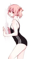 Rule 34 | 10s, 1girl, against wall, gym uniform, hair ornament, hair ribbon, hanyae, kaname madoka, mahou shoujo madoka magica, open mouth, pale skin, pink hair, red eyes, ribbon, school swimsuit, simple background, solo, standing, sweat, swimsuit, white background