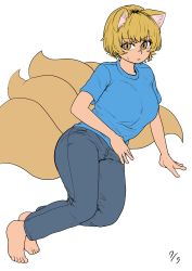 Rule 34 | 1girl, absurdres, alternate costume, animal ears, barefoot, blonde hair, blue shirt, breasts, casual, chanta (ayatakaoisii), chen, denim, fox ears, fox tail, grey pants, highres, jeans, large breasts, multiple tails, pants, parted lips, shirt, short hair, short sleeves, simple background, slit pupils, solo, tail, touhou, white background, yakumo ran, yellow eyes